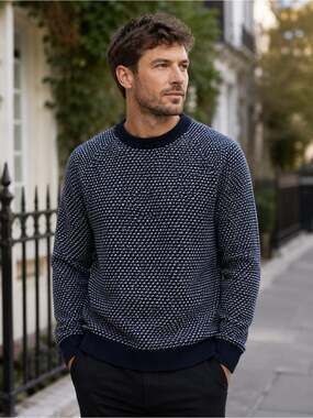Porter +‎ Ash Textured Knit Sweater Navy White Crewneck Classic Minimalist